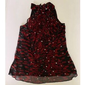 B-Wear Byer California Red‎ Black Abstract Glitter Ruffle Tie Neck Blouse S